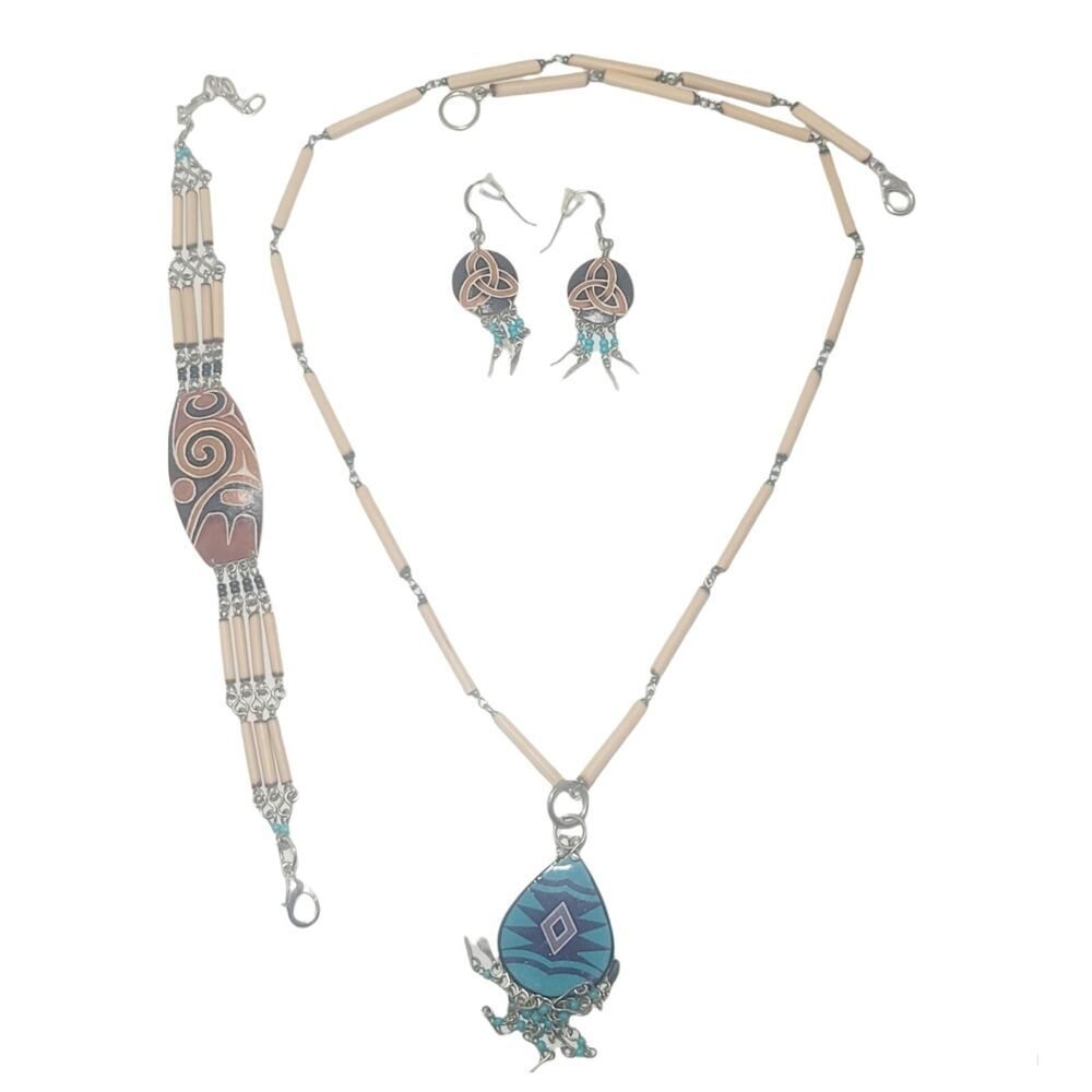 Beautiful Mexican Signed Jewelry Set Necklace Earrings Bracelet With Turquoise